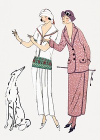 Vintage women with dog, remixed from vintage illustration published in Tr&egrave;s Parisien