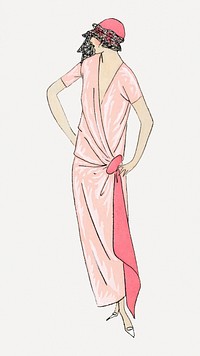 Woman in pink flapper dress, remixed from vintage illustration published in Tr&egrave;s Parisien
