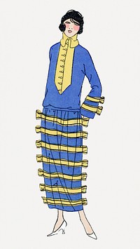 Woman psd in blue flapper dress, remixed from vintage illustration published in Tr&egrave;s Parisien