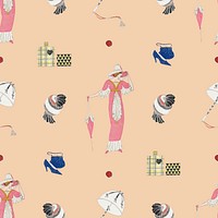 Pattern background psd featuring vintage flapper and beauty items, remixed from public domain artworks