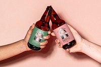 Bottles psd mockup of craft beer with pink flapper dress illustration remix from the artworks by Otto Friedrich Carl Lendecke