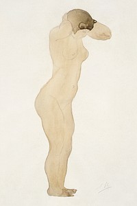 Naked woman posing sensually, vintage erotic art. Standing Nude, Hands Clasped Behind Neck by Auguste Rodin. Original from The Yale University Art Gallery. Digitally enhanced by rawpixel.