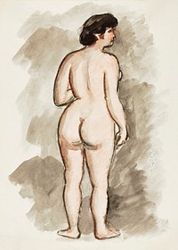 Woman showing off naked bum, vintage nude illustration. Standing Nude by <a href="https://www.rawpixel.com/search/Carl%20Newman?sort=curated&amp;page=1">Carl Newman</a>. Original from The Smithsonian. Digitally enhanced by rawpixel.