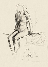 Naked woman showing her breasts, vintage nude illustration. Zittende naakte vrouw (1887) by Marius Bauer. Original from The Rijksmuseum. Digitally enhanced by rawpixel.