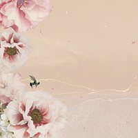 Pink peony blossom flower branch bouquet border on nude peach background