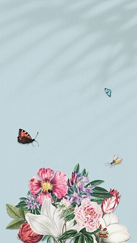 Vintage flowers, butterflies and insect with leaf shadow on blue background design resource