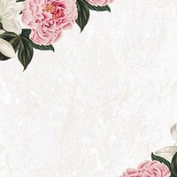 Vintage pink peony flower frame on white marble background design element