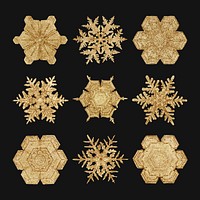 Gold Christmas snowflake vector set macro photography, remix of art by Wilson Bentley