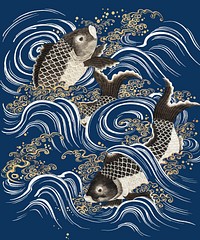 Carp fish in waves vector blue background, featuring public domain artworks