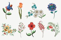 Vintage flower illustration vector set, featuring public domain artworks