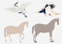 Vintage bird embroidery and horse illustration vector set, featuring public domain artworks