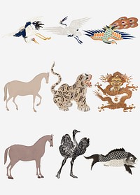 Vintage animal embroidery and illustration vector set, featuring public domain artworks