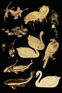Gold animals set on black background