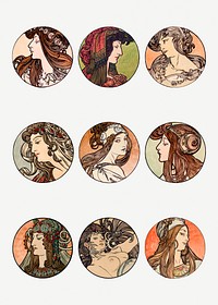 Art nouveau woman illustration set, remixed from the artworks of Alphonse Maria Mucha