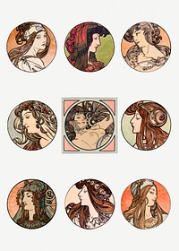 Art nouveau woman illustration psd set, remixed from the artworks of <a href="https://www.rawpixel.com/search/Alphonse%20Maria%20Mucha?sort=curated&amp;page=1">Alphonse Maria Mucha</a>