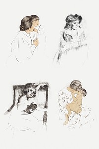 Vintage hand drawn mother and her child illustration set, remixed from the artworks of Mary Cassatt.