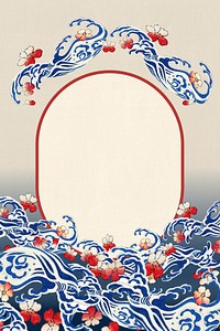 Japanese wave with sakura pattern frame, remix of artwork by Watanabe Seitei