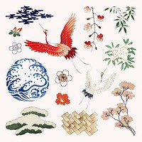 Japanese kamon ornamental element vector set, artwork remix from original print by Watanabe Seitei