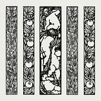 William Morris&#39;s vintage black and white foliage ornament illustration, remix from the original artwork