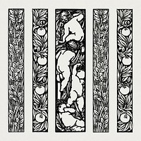 William Morris's vintage black and white foliage ornament illustration, remix from the original artwork