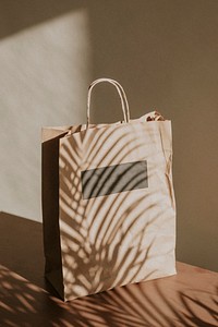 Natural paper bag with palm leaves shadow