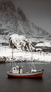 Fishing boat at Norwegian Sea at Lofoten island, Norway