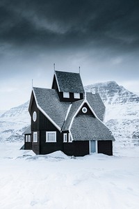 Black house in the snowy land on the Disko island, Greenland