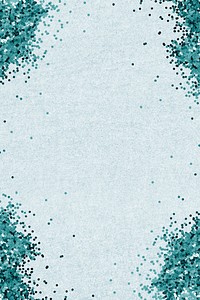 Shimmering teal confetti frame on a baby blue background 
