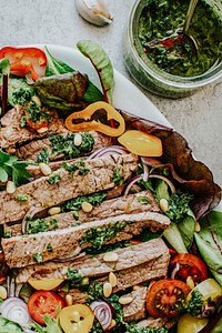 Homemade grilled beef salad with green pesto and pine nuts recipe