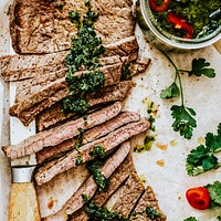 Homemade grilled beef steak with green pesto recipe