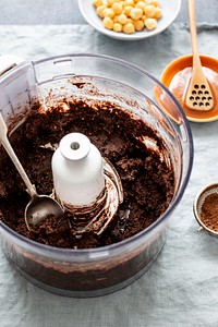 Dark chocolate truffle mixture in a food processor