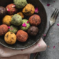 Healthy chickpea truffles with dried fruit on a table food photography