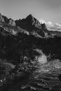 Virgin river in Zion National Park at Utah, USA grayscale