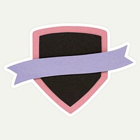 Badge with purple ribbon on off white background