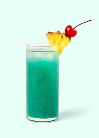 Blue Hawaii cocktail with pineapple and cherry on background