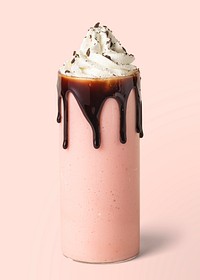 Strawberry milkshake with chocolate sauce on background