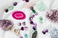 Colorful healing crystals on a blanket
