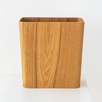 Wooden rectangular dustbin on off white background