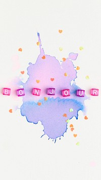 Pastel BONJOUR beads word typography on purple watercolor