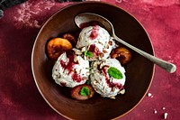 Ice cream roasted plums flat lay