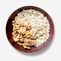 Fresh oatmeal walnuts in bowl flat lay