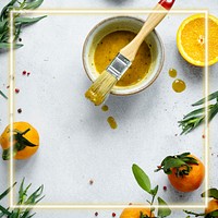 Neon frame with honey mustard dressing background food photography