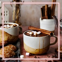 Neon frame with marshmallows dipped in hot chocolate Christmas food photography