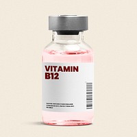 Vitamin B12 injection vial label mockup glass bottle psd with pink liquid