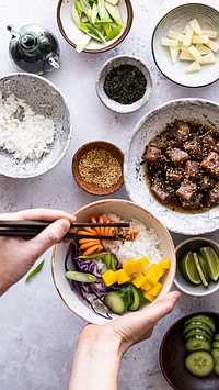 Hawaiian ahi tuna with vegetables flat lay photography