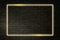 Rectangle yellow neon frame on a black brick wall vector