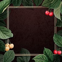 Hand drawn cherry pattern with square gold frame illustration