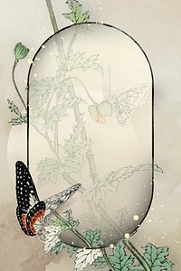 Leafy butterfly oval frame vector