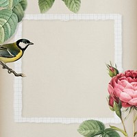 Sparkling rosebush and yellow great tit bird with a white frame on beige background illustration