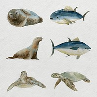 Sea mammals and fish in watercolor set vector